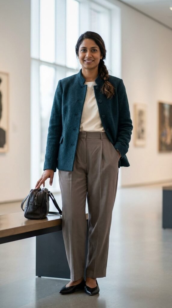 Softly sculpted hourglass fall jacket with relaxed trousers in a gallery setting