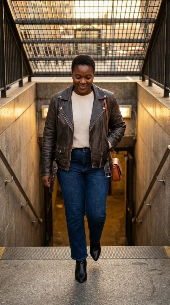 Minimal black leather biker fall jacket outfit with cream knit and dark denim