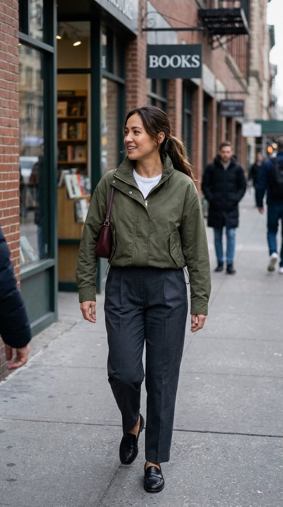 Funnel-neck olive fall jacket outfit with white tee and charcoal trousers