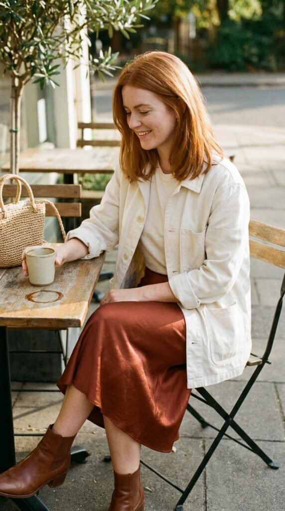 Cotton painter jacket styled with a satin slip skirt for fall