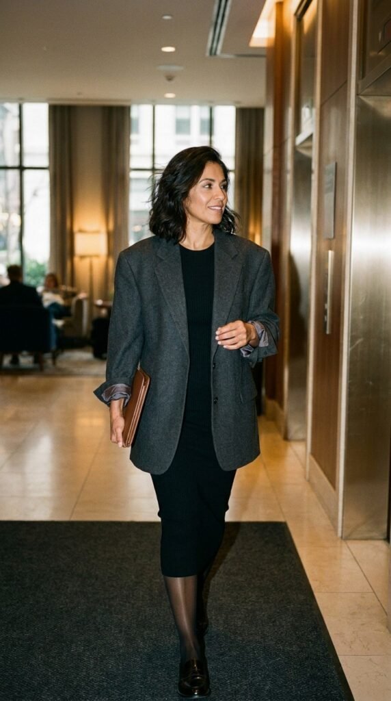 Oversized charcoal blazer over a fitted knit dress in a hotel lobby