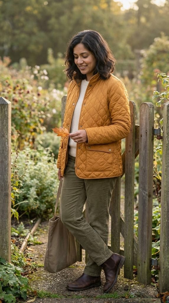 Light ochre quilted fall jacket with cord trousers in an autumn garden
